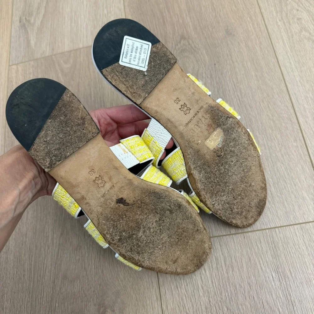 HH STAUD Yellow Tweed Triple Strap Slide Sandal White Leather Trim Flat Slide 38